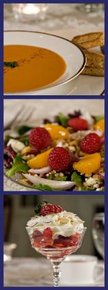 More delicious Clamber Hill food, our Cream of Roasted Red Pepper Soup, our Fruit and Feta Salad and Strawberries Romanoff