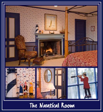 The Nautical Room with a working fireplace at the foot of the bed